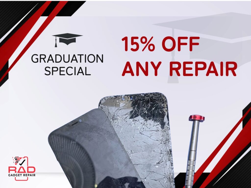 Graduation Special 15% off any phone repair at RAD Wireless Repair in Orlando FL — cracked phone screen with graduation cap